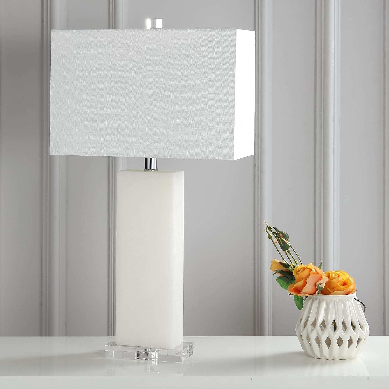 JONATHAN Y 27' White Alabaster Rectangular Table Lamp Contemporary Modern Bedside Nightstand Lamp for Living Room Bedroom with White Linen Shade LED Bulb Included JYL2009A