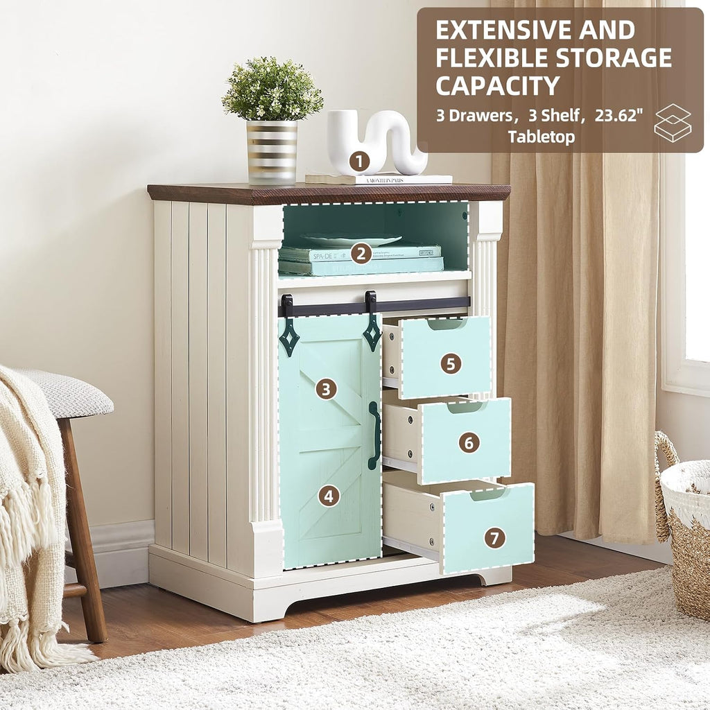 Minifeel Farmhouse Bathroom Cabinet, Freestanding Small Storage Cabinets with Barn Door and Three Drawers, Wooden Console Entryway Table with Roman Column for Kitchen, Living Room, laundry room, White