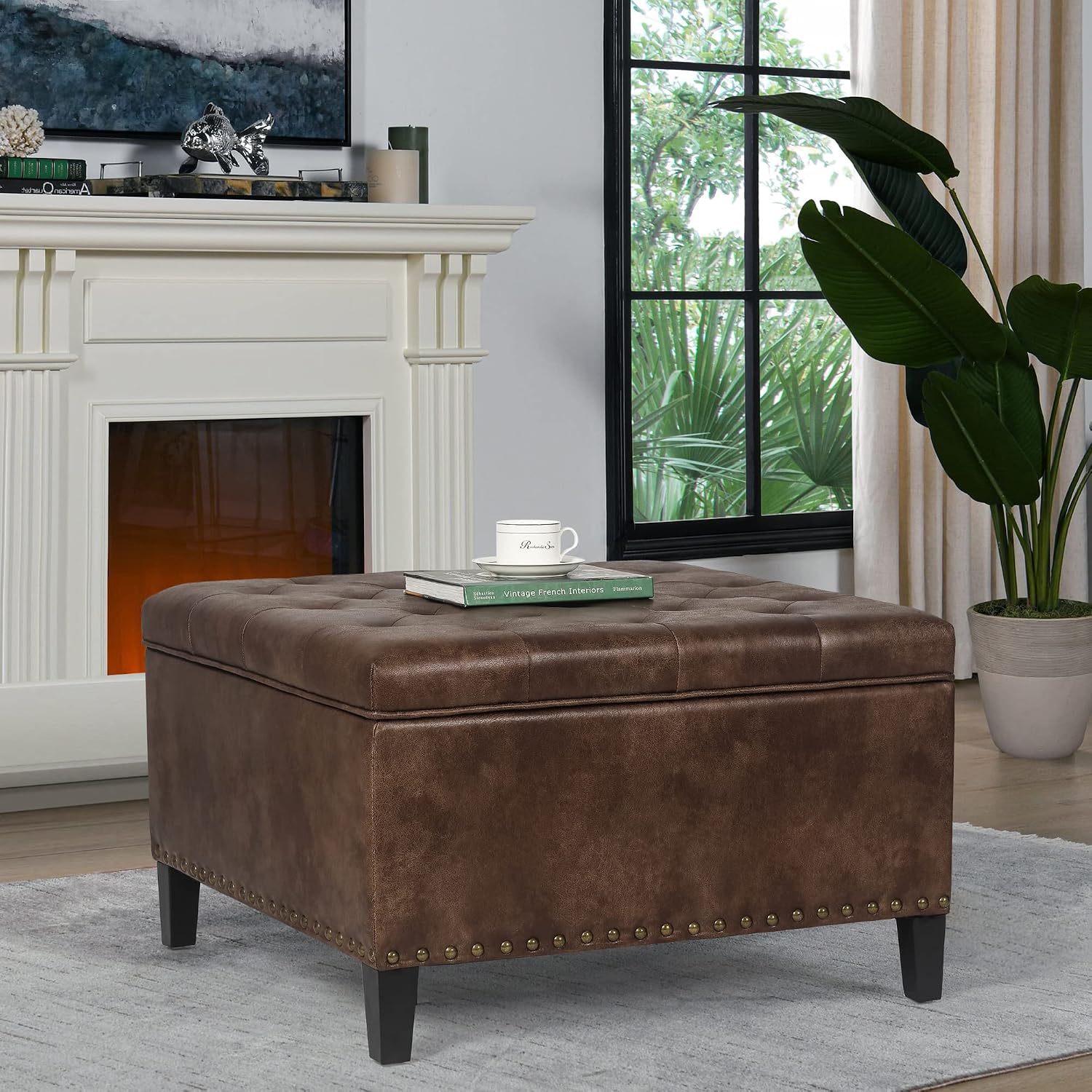 Joveco Storage Ottoman Square Upholstered Tufted Bench with Rivet, Footrest Coffee Table with Wood Legs for Living Room Bedroom Entryway (Coffee)