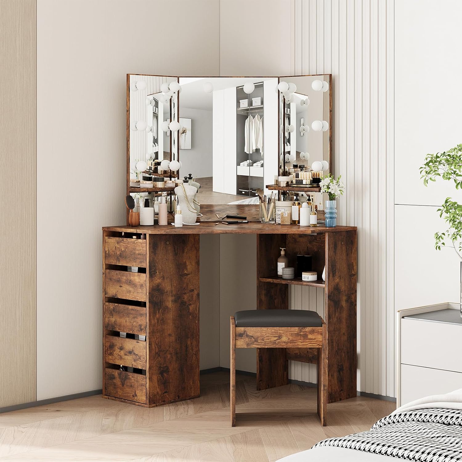 Corner Vanity Desk with Mirror and Led Lights - Makeup Table with 5 Drawers, Shelves, and Vanity Stool - Perfect for Bedroom or Bathroom, Brown