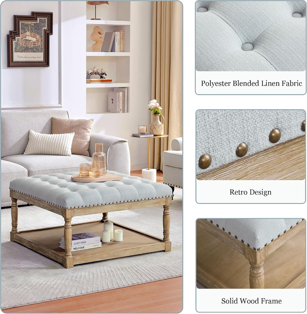 HUIMO 33-inch Large Square Ottoman Coffee Tables for Living Room, Tufted Upholstered Linen Ottoman with Storage Shelf and Solid Legs for Office Bedroom Farmhouse (Light Blue)