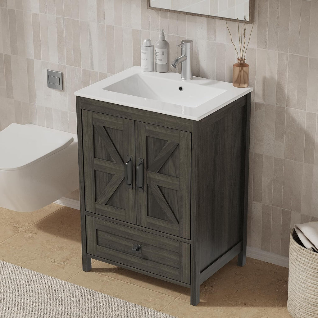 KIGOTY 24 Inch Farmhouse Vanity for Bathroom with Ceramic Sink, Vanity Sink Cabinet with Faucet, Wooden Sink Vanity, Freestanding Bathroom Sink and Cabinet, Bathroom Furniture Set
