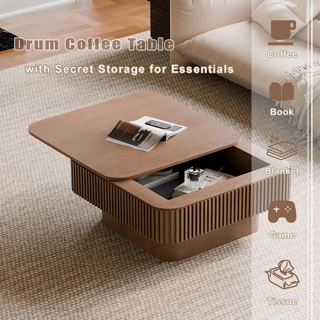 Square Small Coffee Table with Storage, Modern Wooden Coffee Table with Solid Wood Veneered, Fluted Center Table Drum Tea Table for Living Room Apartment, 31.5''L×31.5''W×14''H