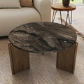 Travertine Texture Coffee Table 31.5 inch Modern Faux Marble Coffee Table Low Circle Center Table for Living Room Round Accent Table with Three-Legs for Apartment, Dark Grey