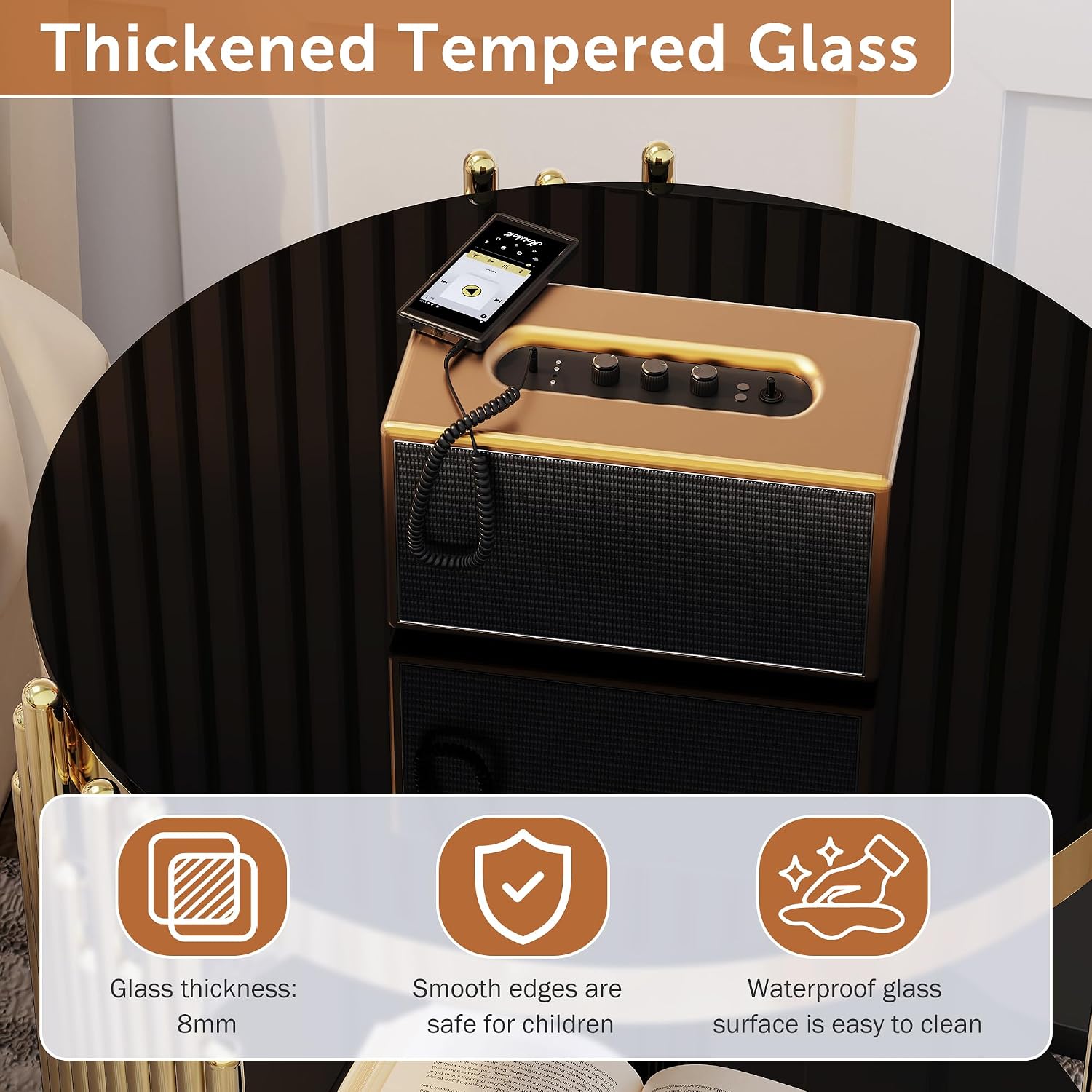 Luxury Gold Round Glass End Table Set of 2, 19.7' Modern Side Table with Stainless Steel Irregular Leg Black Tempered Glass Tabletop, Accent Furniture for Living Room, Black