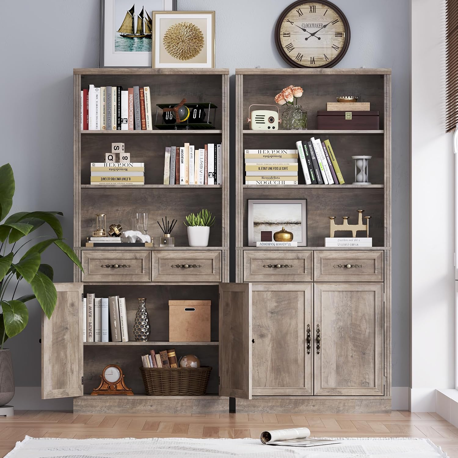 BORNOON 70.1' Tall Bookshelf with Drawers & Cabinet, 5-Tier Floor Standing Bookcase with Storage Doors, Adjustable Shelves & Metal Handles, 31.5' Wide Organizer for Home Office, Living Room