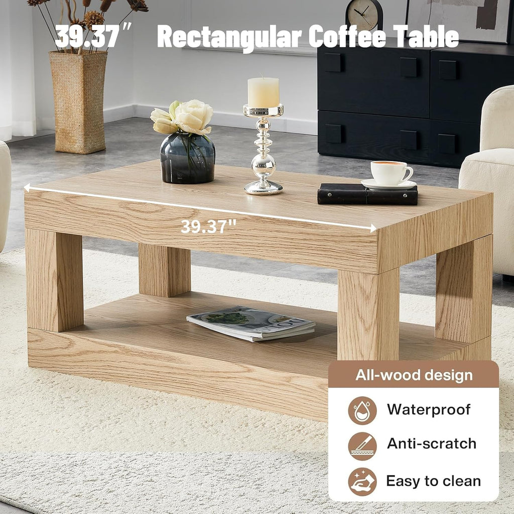 LKTART 39.37' Coffee Table with Storage, 2-Tier Mid Century Rectangular Accent Table with Thick Tabletop, Rustic Style Cocktail, Center Table for Living Room, Office, Apartment (Natural)