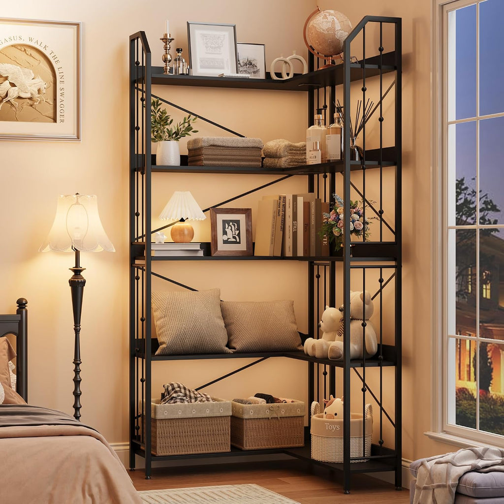 Takywep 72' Corner Bookshelf, l-Shaped 5 Tier Bookcase, Tall Corner Bookcase with Beaded Design, Large Display Shelf for Living Room Bedroom Black