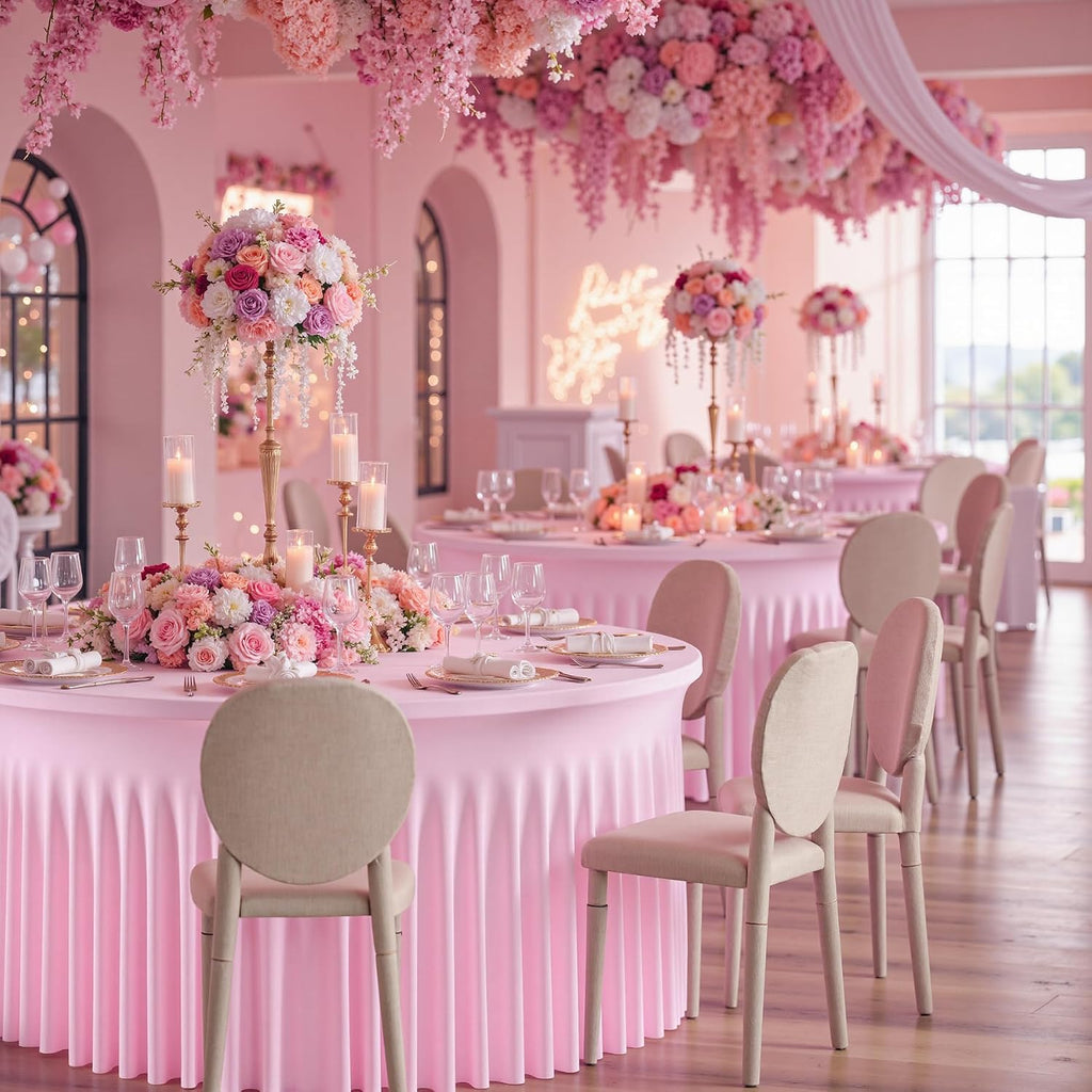 NSSONBEN 6 pk Baby Pink Round Spandex Tablecloths 60 in with Ruffled Skirt,Wrinkle Free High-Stretch 120 inch Pink Table Cloth Fitted 6ft Round Tables,Spandex Table Covers 6ft for Girl Party Banquet