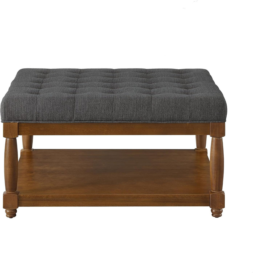 GDFStudio Large Square Upholstered Tufted Linen Ottoman Coffee Table with Solid Wood Frame and Open Storage Shelf, Nailhead Trim Accent Footrest for Living Room, Charcoal