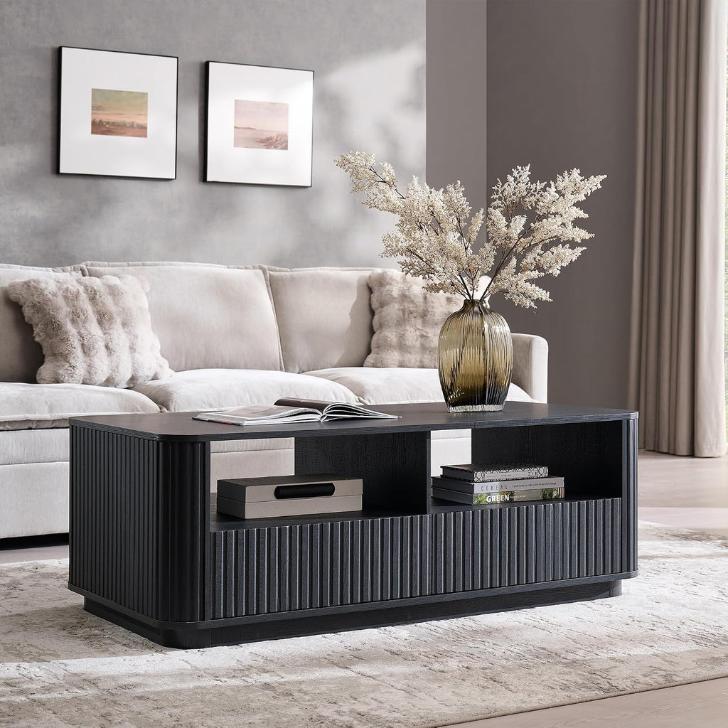 ACCOHOHO 51' Fluted Coffee Table with Storage, Large Modern Center Table with 2 Drawers, Rectangle Wood Coffee Table for Living Room