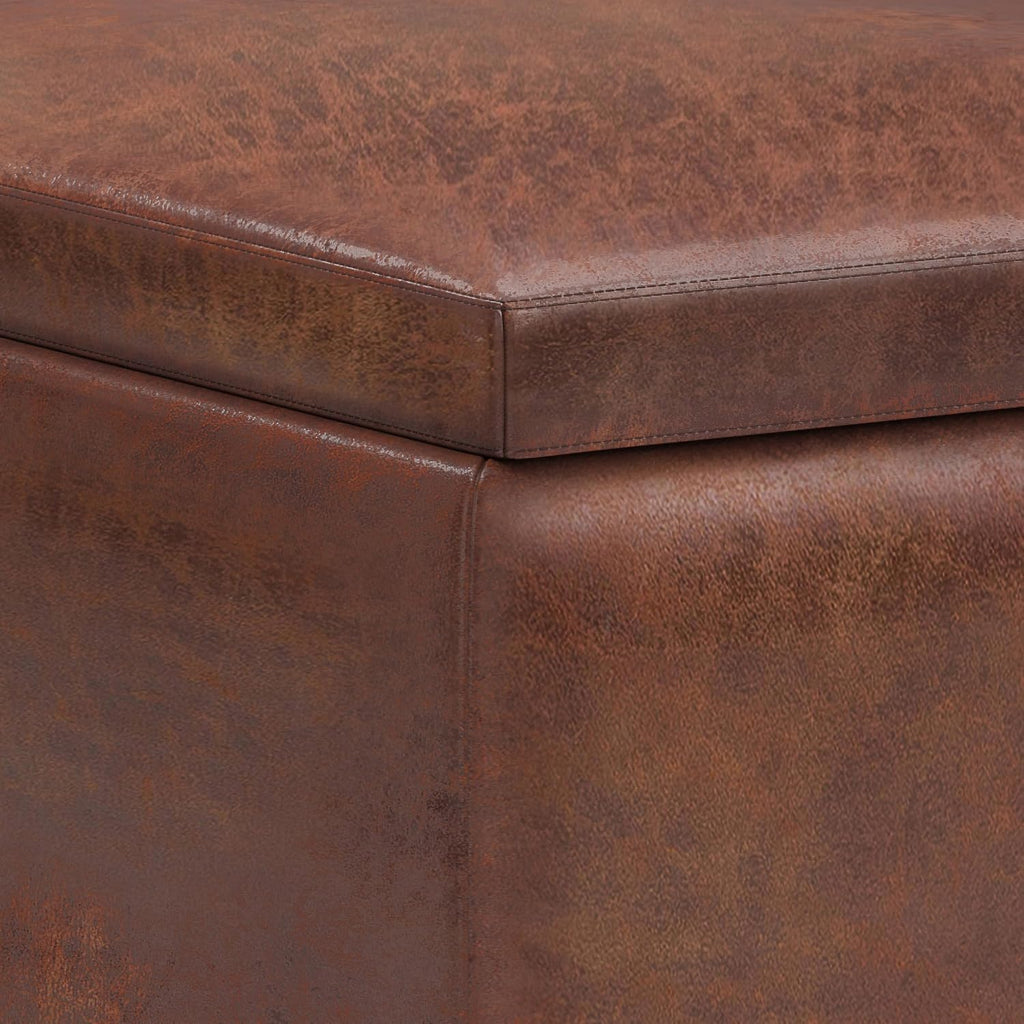 SIMPLIHOME Owen Small Coffee Table Storage Ottoman - 34 inch Wide Upholstered Vegan Leather Rectangle Ottoman in Distressed Pecan Brown, Mid-Century Modern Ottoman for Entryway with Serving Trays