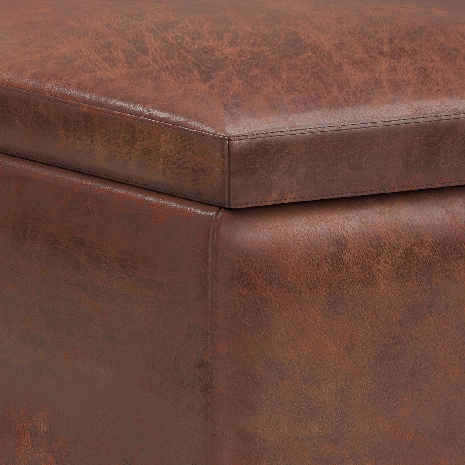 SIMPLIHOME Owen Small Coffee Table Storage Ottoman - 34 inch Wide Upholstered Vegan Leather Rectangle Ottoman in Distressed Pecan Brown, Mid-Century Modern Ottoman for Entryway with Serving Trays
