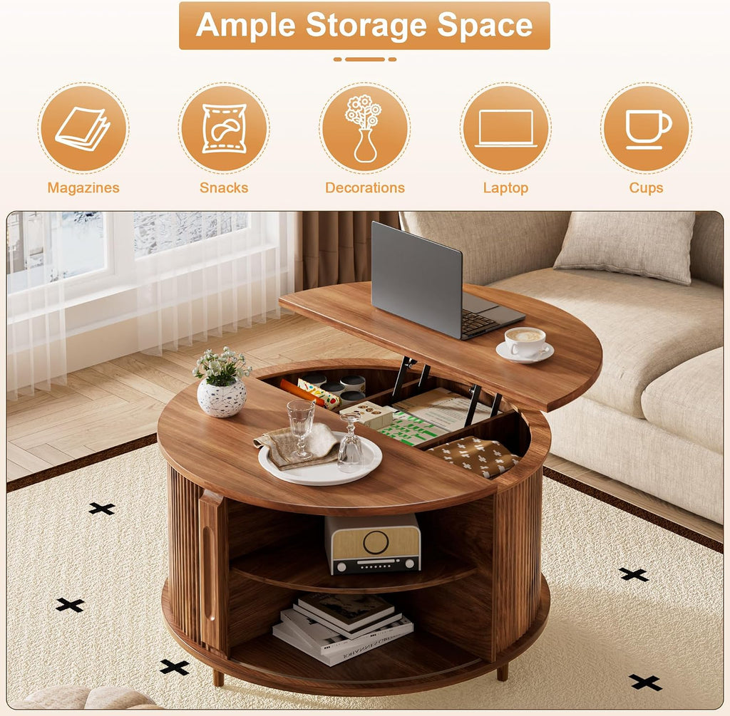 Round Lift Top Coffee Table, 31.5' Fluted Wood Lift Up Center Table with Sliding Door & Hidden Storage – Mid Century Modern Circle Coffee Table for Living Room, Home Office, Apartment (Walnut)