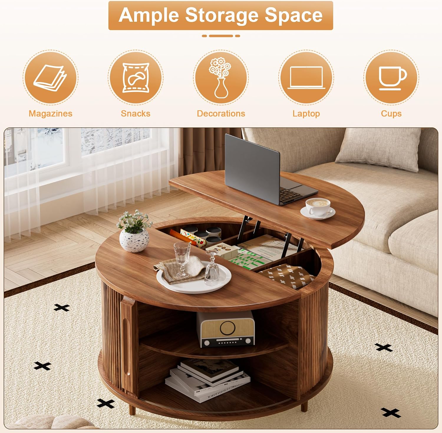 Round Lift Top Coffee Table, 31.5' Fluted Wood Lift Up Center Table with Sliding Door & Hidden Storage – Mid Century Modern Circle Coffee Table for Living Room, Home Office, Apartment (Walnut)