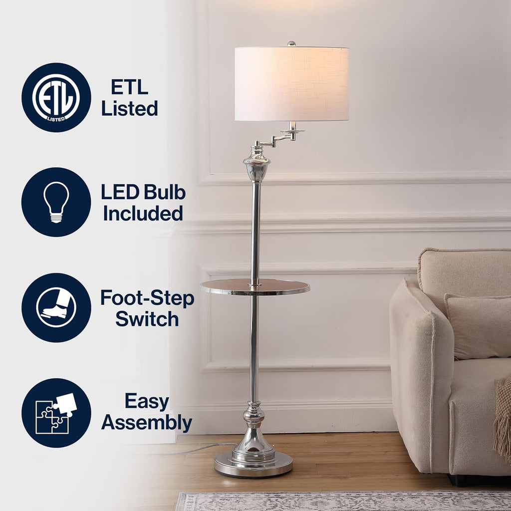 JONATHAN Y 60' Chrome Swing Arm Wood Integrated Side Tray Candlestick Tray Table Floor Lamp Traditional for Living Room Bedroom with White Linen Drum Shade LED Bulb Included JYL3055E