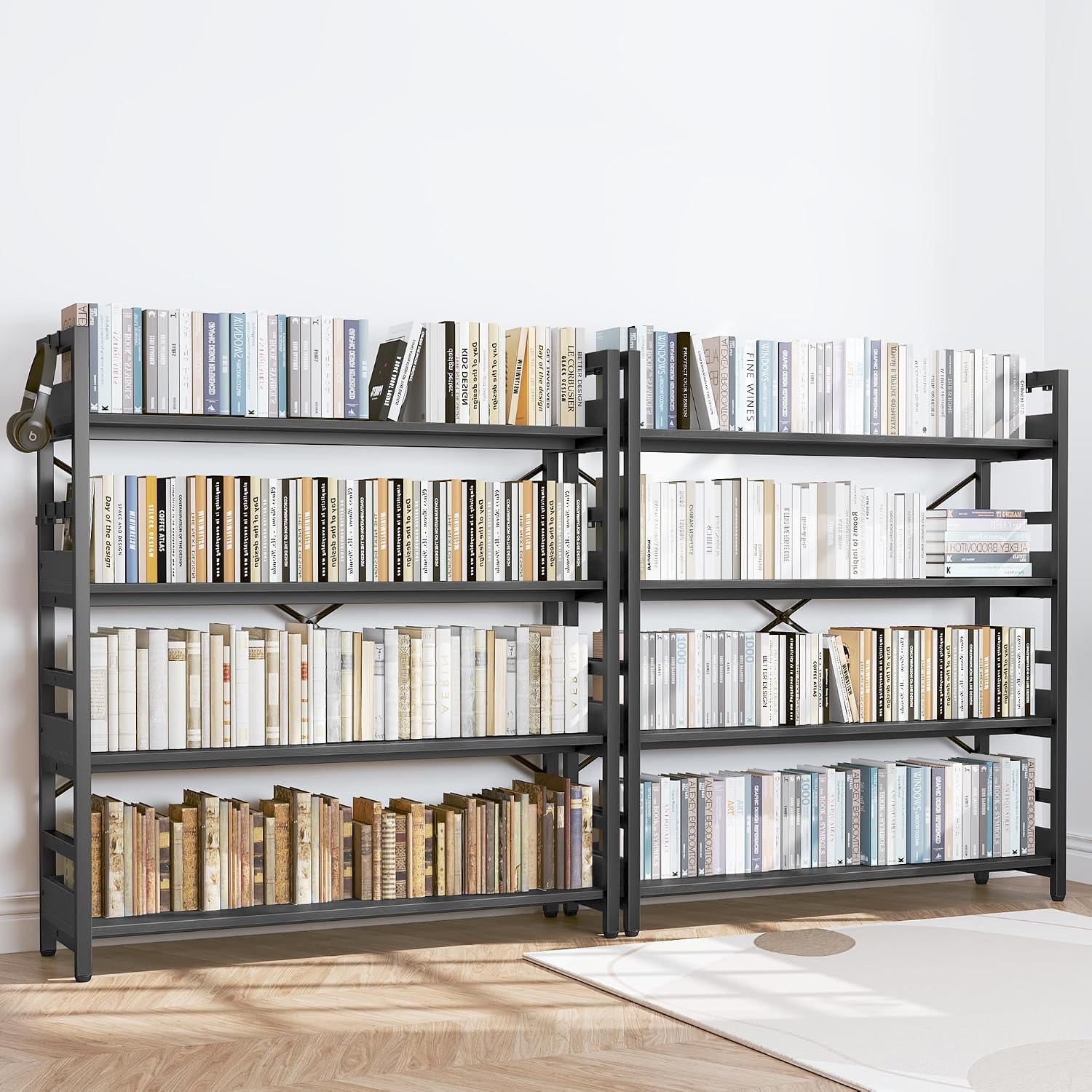 HCHQHS Bookshelf, Adjustable Industrial Bookcase, Vertical Tall Book Shelf, Wood and Black Metal Open Bookshelves for Home Office, Living Room, Bedroom (Black, 4-Tier (47' W x 44' H))