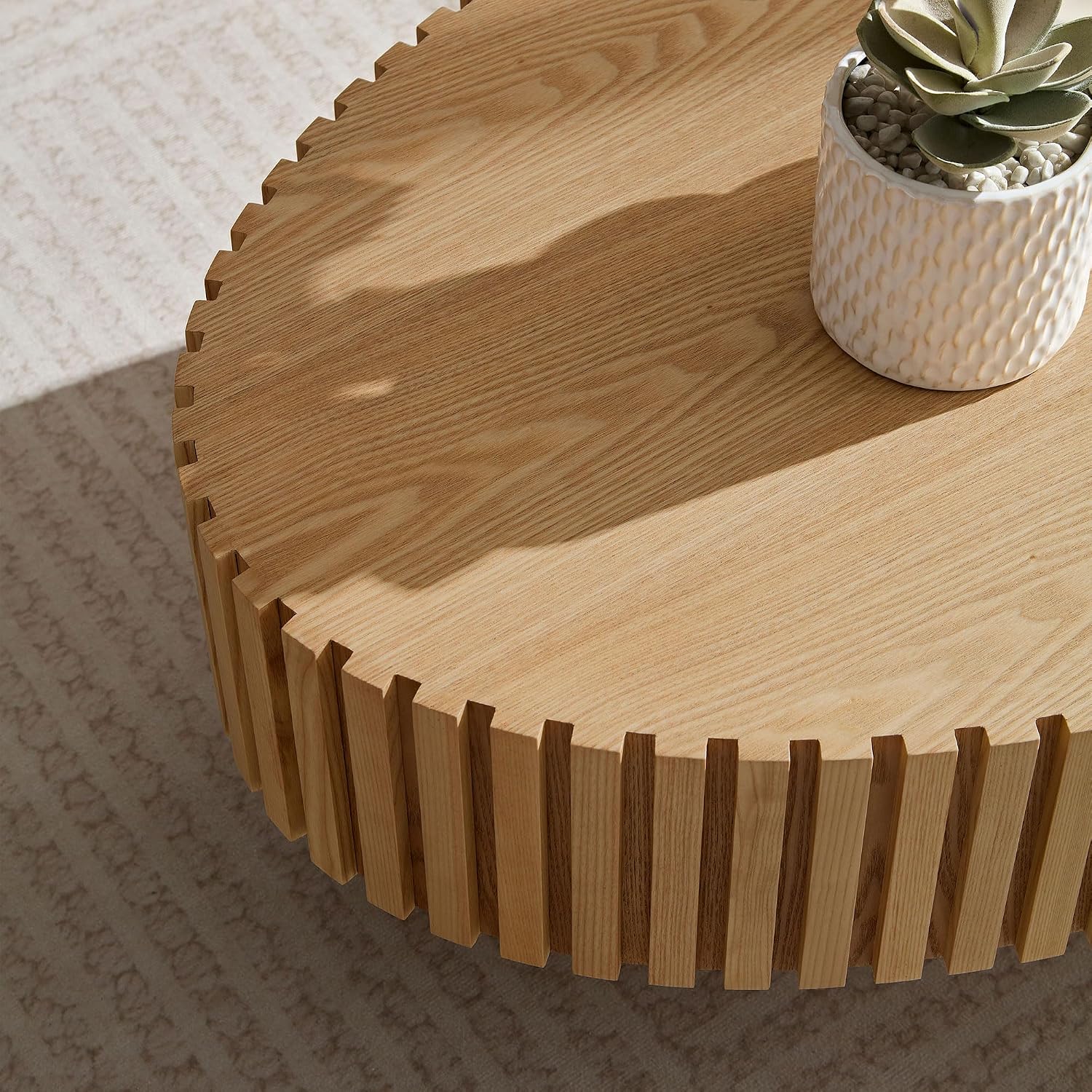 JUSTONE 43.31 Inch Oval Coffee Table, Farmhouse Wood Farmhouse Style with Handcrafted Relief & Circle Drum Design for Living Room & Apartments, 43.31x13.78 Inches (Oak)