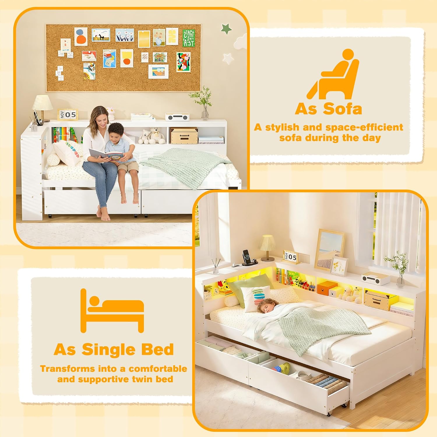Corner Bed Frame with Bookcase Headboard and Drawers Storage, Twin Size Daybed with Charging Station & LED Lights, Solid Wood Platform Bed with Wooden Slats for Kids Teens Guests, White