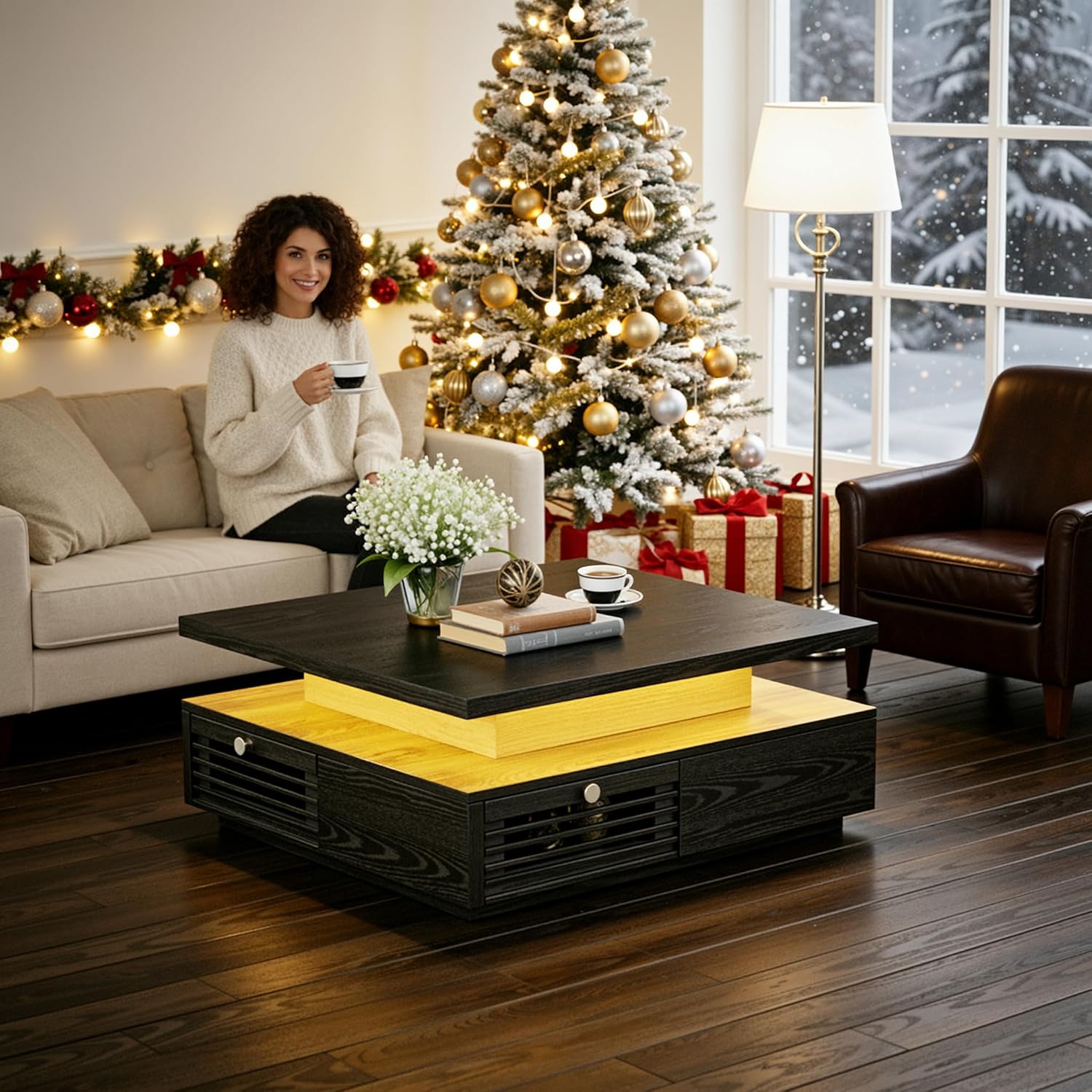 IRONCK Mid Century Modern Coffee Table with LED Lights & Charging Station, 4 Storage Drawers with Grille Design, Square Wood Coffee Table for Living Room Office, (Black)