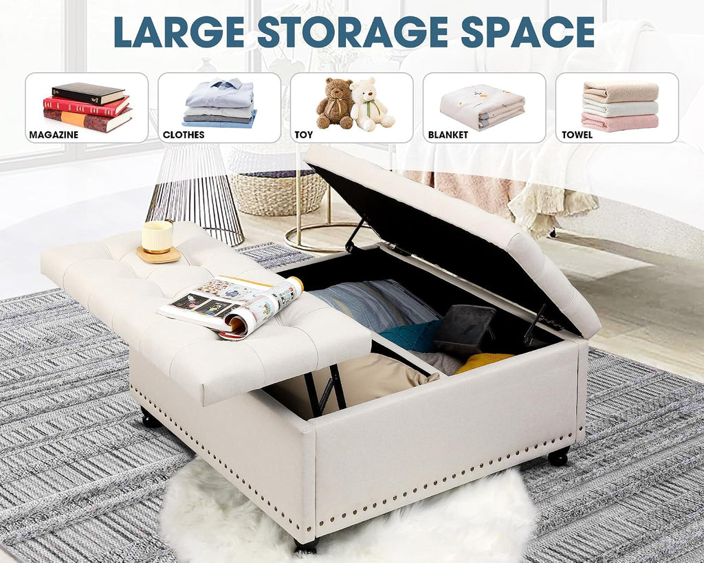 Grepatio 35.5' Large Square Storage Ottoman, Lift Top Ottoman Square Bench with Storage, Tufted Upholstered Ottomans, Ottomans Coffee Tables for Living Room, Bedroom (Beige)