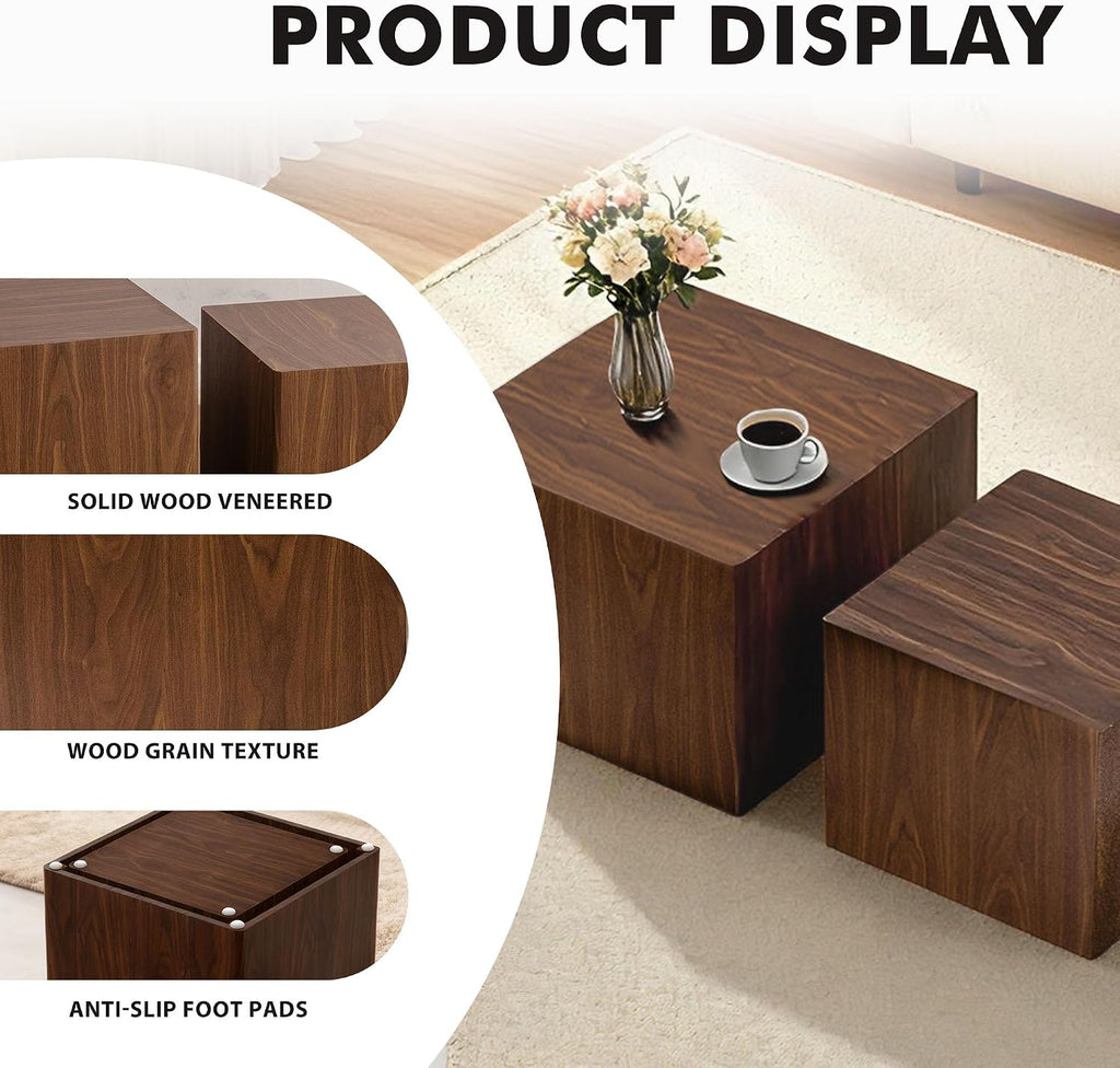 Square Nesting Tables for Living Room, Set of 2, Wood Nesting Coffee Table Walnut Veneer Mid Century Modern Small Accent Center End and Side Table Sets for Farmhouse Apartment Office