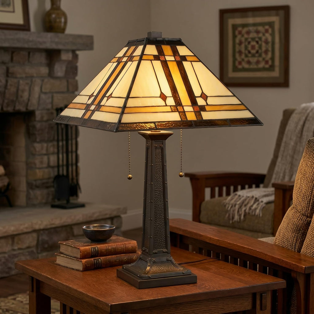 Lavish Home Tiffany-Style Table Lamp – Mission-Design Art Glass Lighting with 2 LED Bulbs Included – Vintage-Look Handcrafted Room Décor
