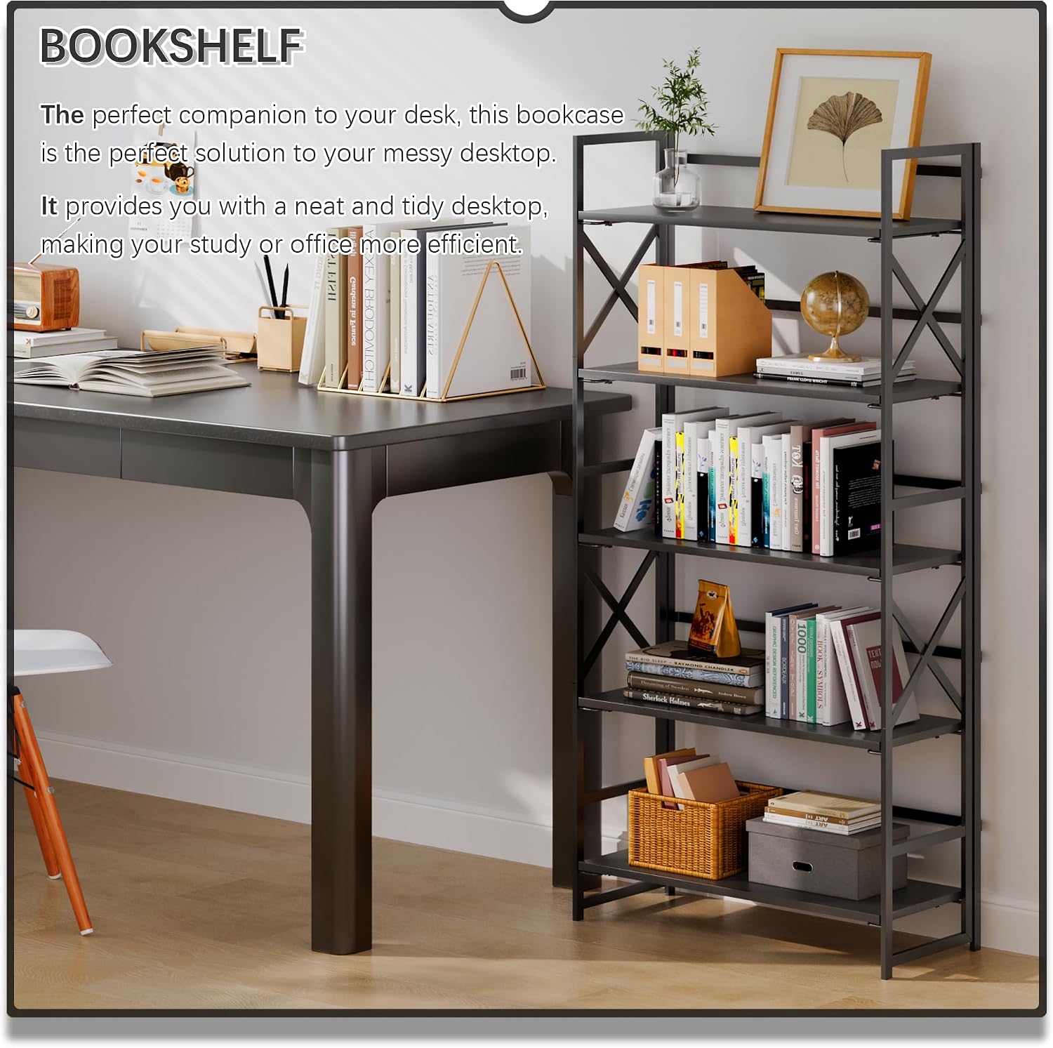4NM 5 Tiers No Assembly Book Shelves, 51.2' H Folding Bookshelf Bookcase Open Industrial Foldable Shelves for Bedroom, Living Room, Home Office - All Black