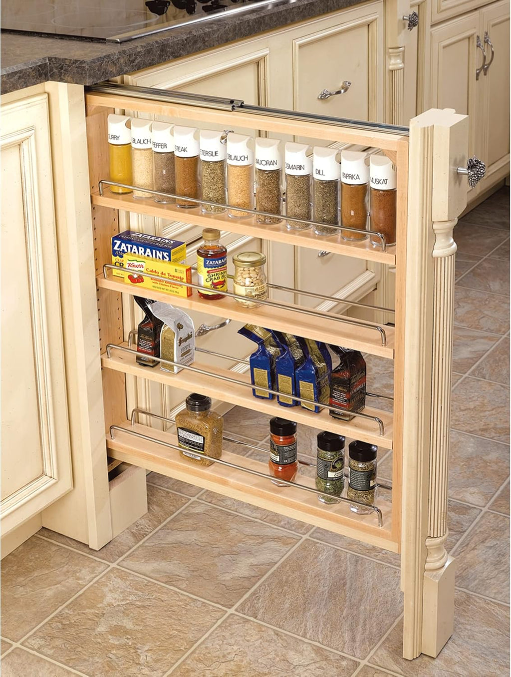 Rev-A-Shelf Pullout Shelf Organizer for Base Kitchen or Bathroom Cabinets, Wood Filler Pantry Storage or Spice Rack, Maple, 3' x 23' x 30', 432-BF-3C