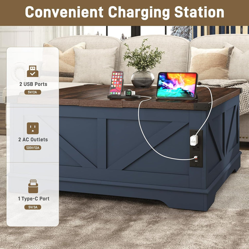 Hlivelood 40' Large Farmhouse Lift Top Coffee Table with Power Outlets and Large Hidden Storage, Square Wood Living Room Tables, Multi-Function Lift Wooden Barn Door Center Table, Blue