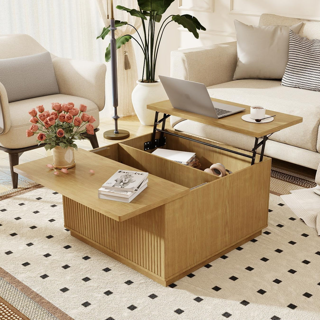 Fluted Coffee Table with Lifting Top, 31.5' Square Coffee Table with Storage, Mid Century Modern Center Table for Living Room, Home Office, Natural Oak