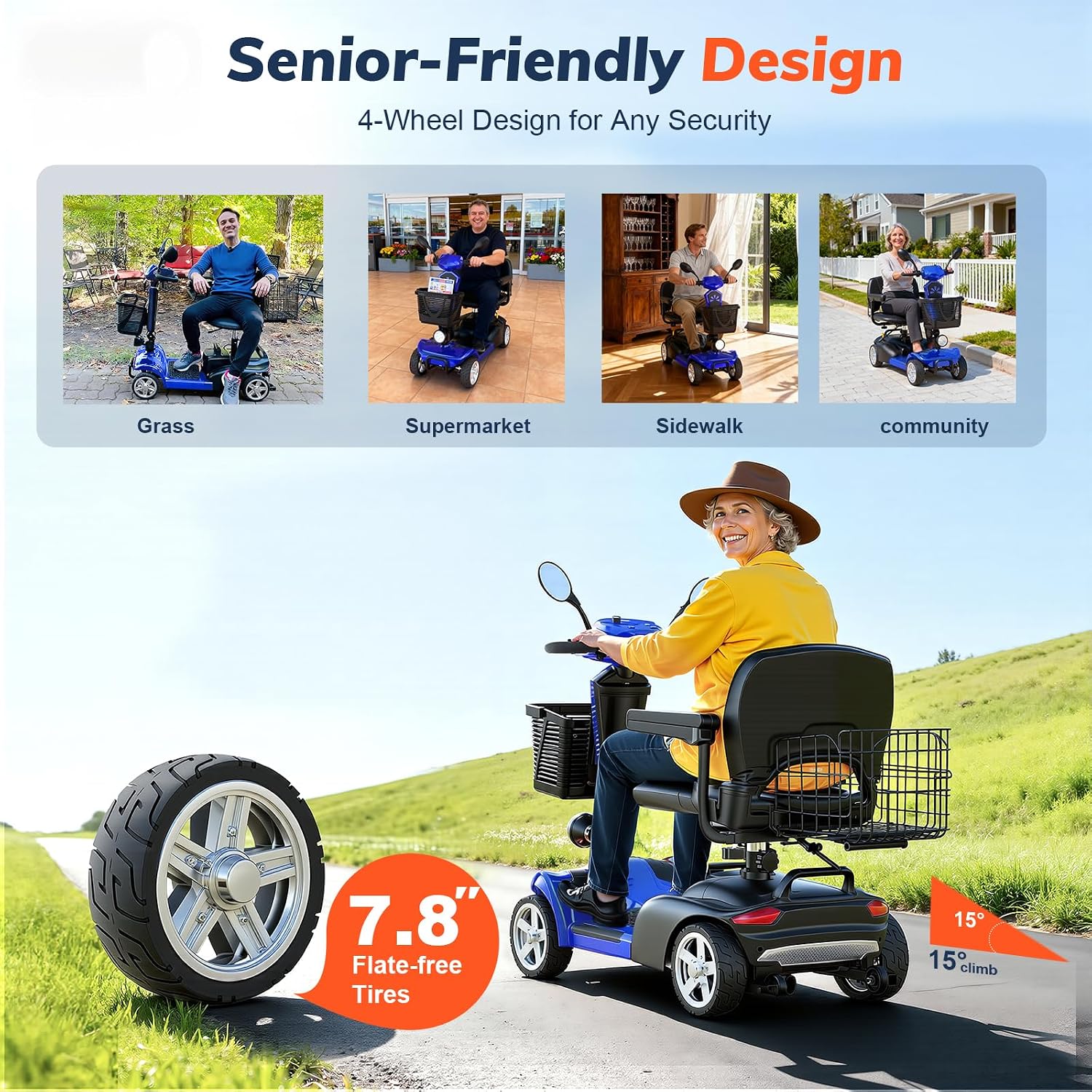 15/25/30/50Miles Eldryvon 4 Wheels Electric Mobility Scooter for Seniors, Dual Basket, 350W Powered Wheelchair with Rotating Seat, Mirrors, Foldable Motorized Scooter for Adults (Blue, 15Miles)