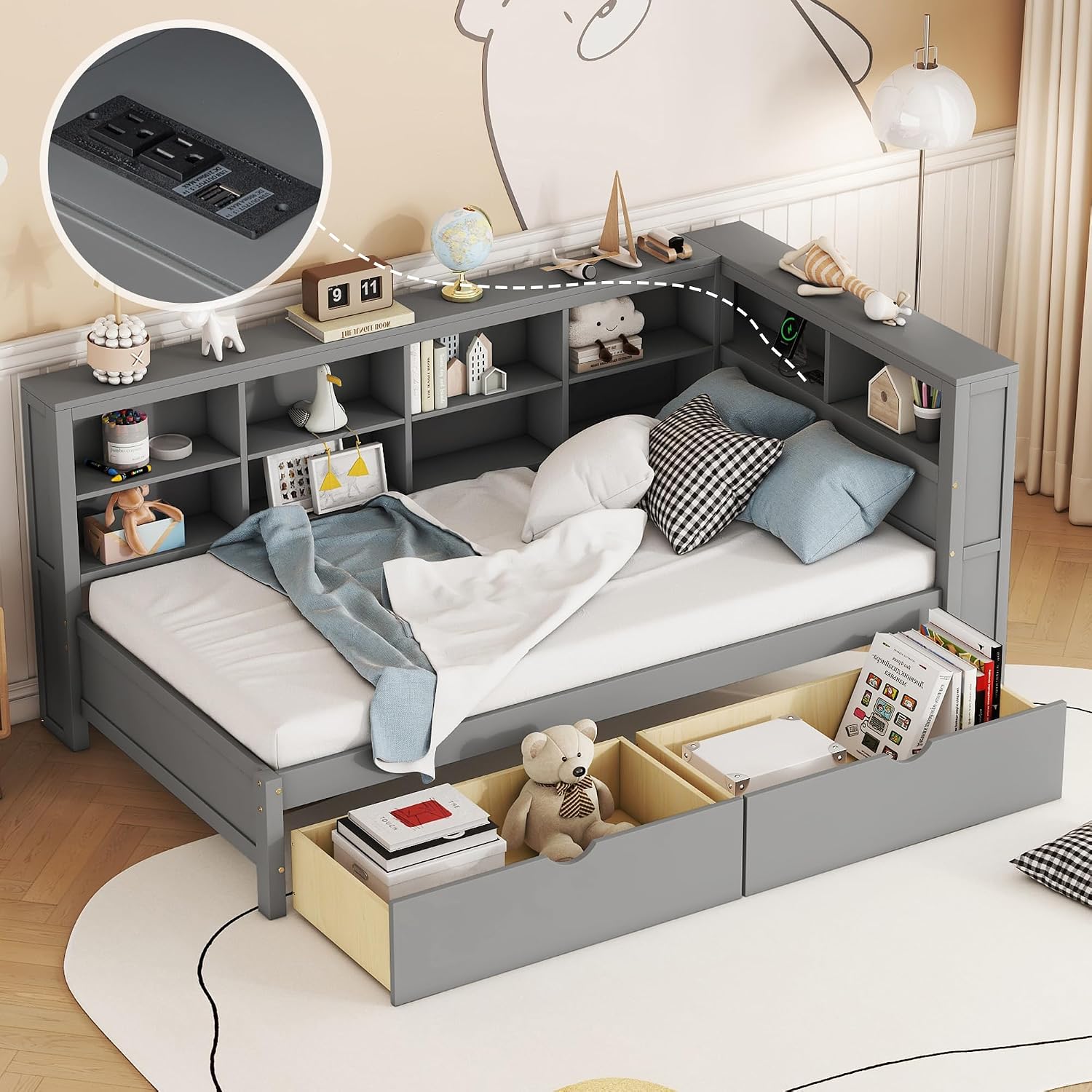 Twin Size Daybed with Storage Drawers and L-Shaped Bookcase Headboard, Wood Corner Bed Frame with Charging Station and Shelves for Kids Boys Girls, Grey