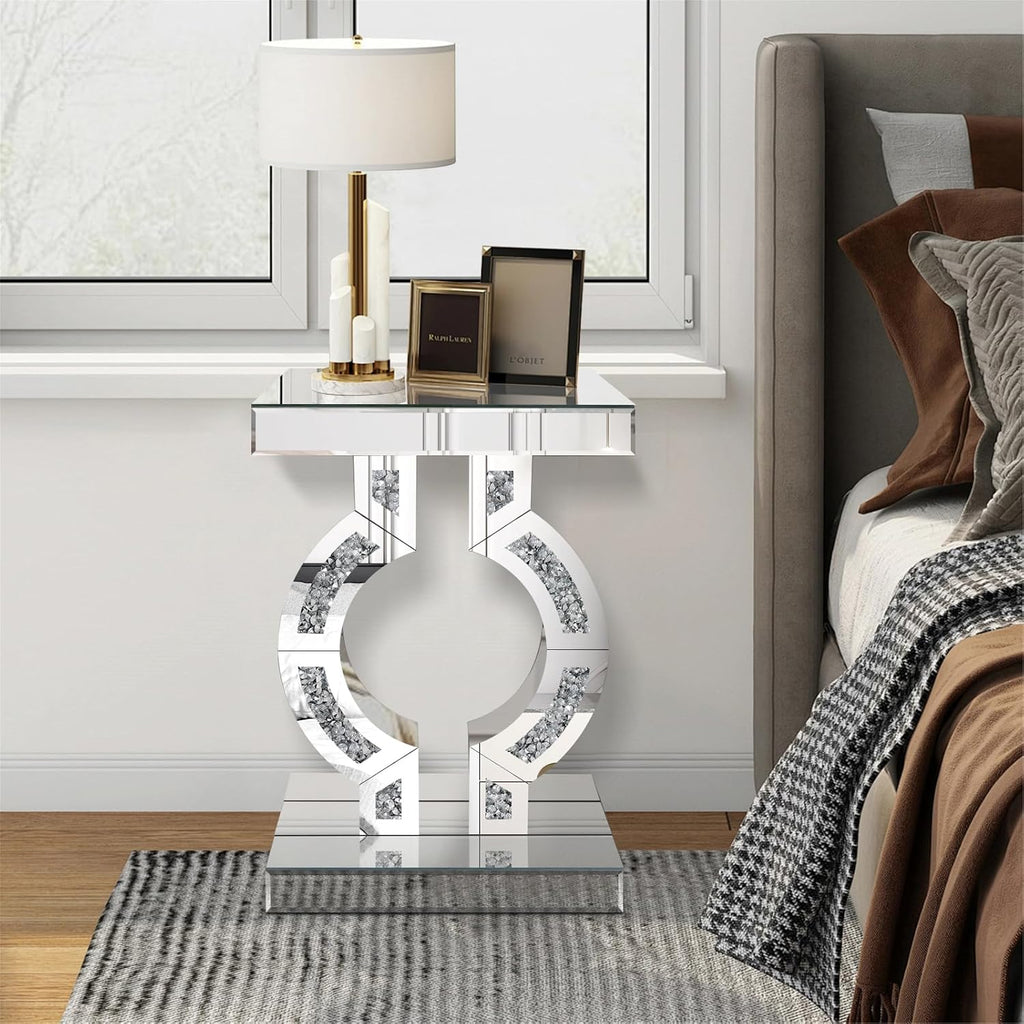 Crushed Diamond Mirrored End Table, Silver Side Accent Table, Small Mirrored Coffee Table for Living Room, Bedroom, 16'x12'x23'