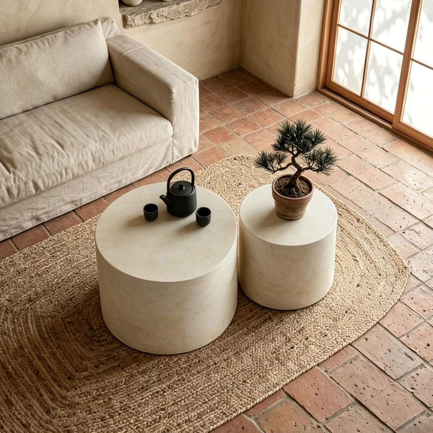 Nesting Coffee Table Set of 2, Modern Round Wooden Coffee Tables, Accent End Side Table for Small Space Living Room,Beige