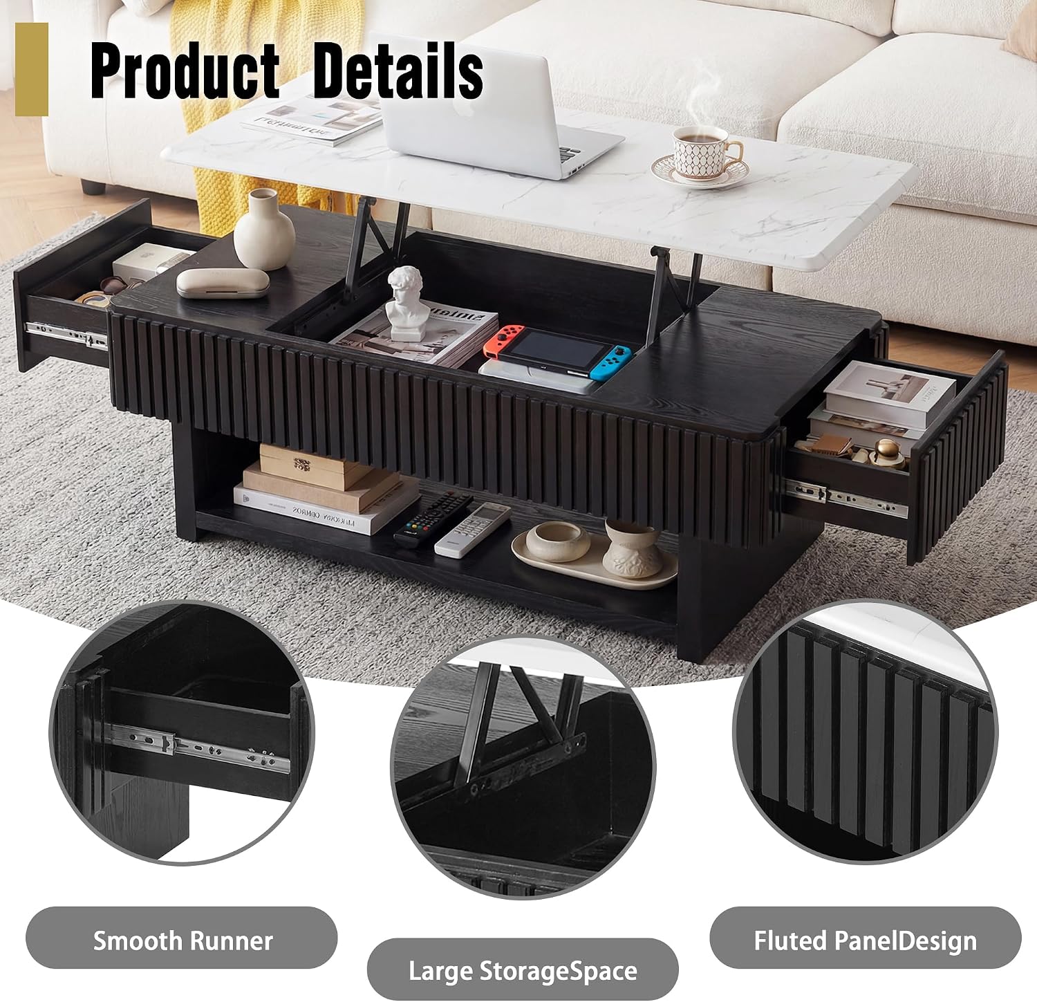 47.4' Lift Top Coffee Table with Drawer & Storage, Modern Fluted Coffee Table with Marble-Pattern Top & Solid Wood Strips, Rising Center Table for Living Room Apartment,Rectangle, Black & White