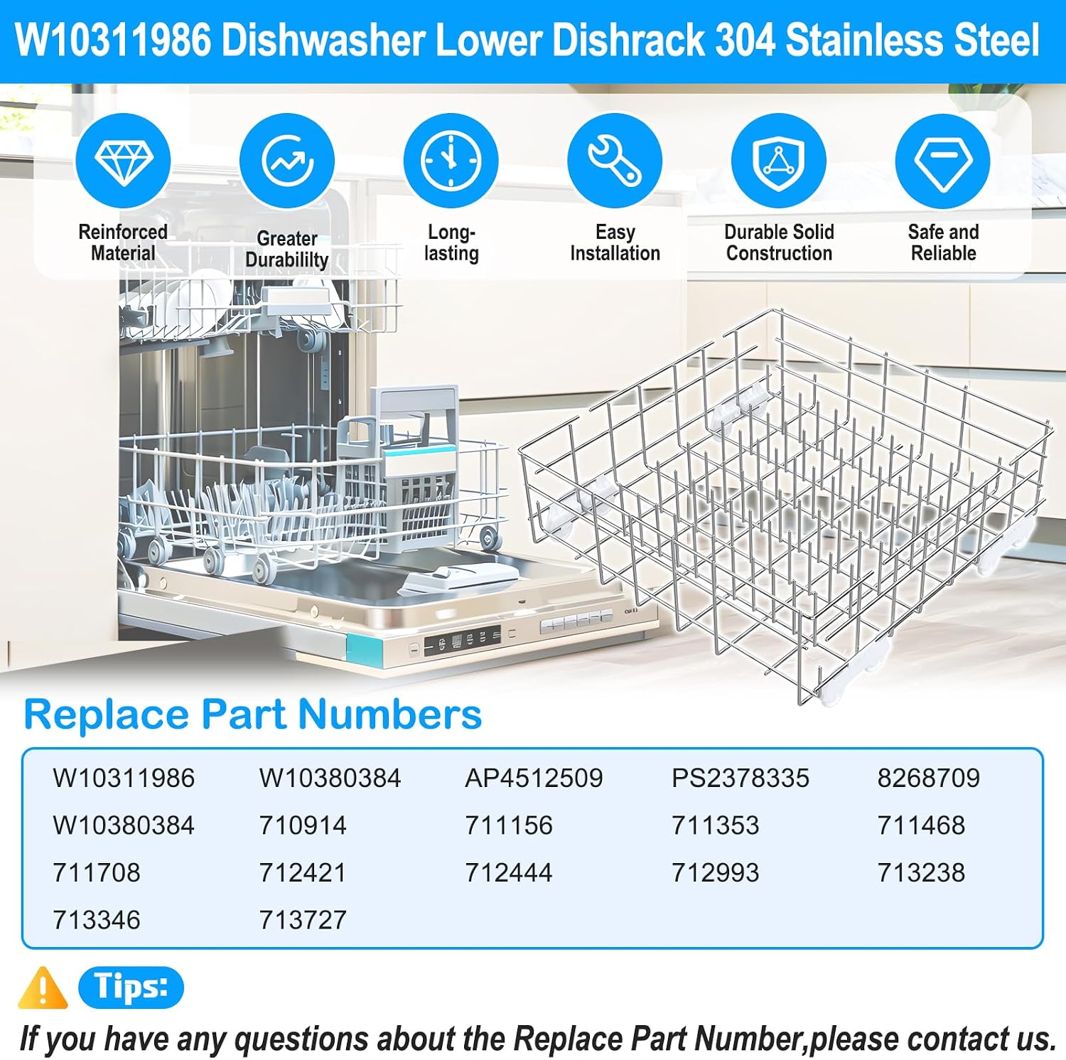 Upgraded W10311986 W10380384 Dishwasher Lower Rack 304 Stainless Steel Compatible with Whirlpool Dishwasher Racks Replacement Parts WDT750SAHZ0 WDTA50SAHZ0 Whirlpool Dishwasher Bottom Rack with Wheel