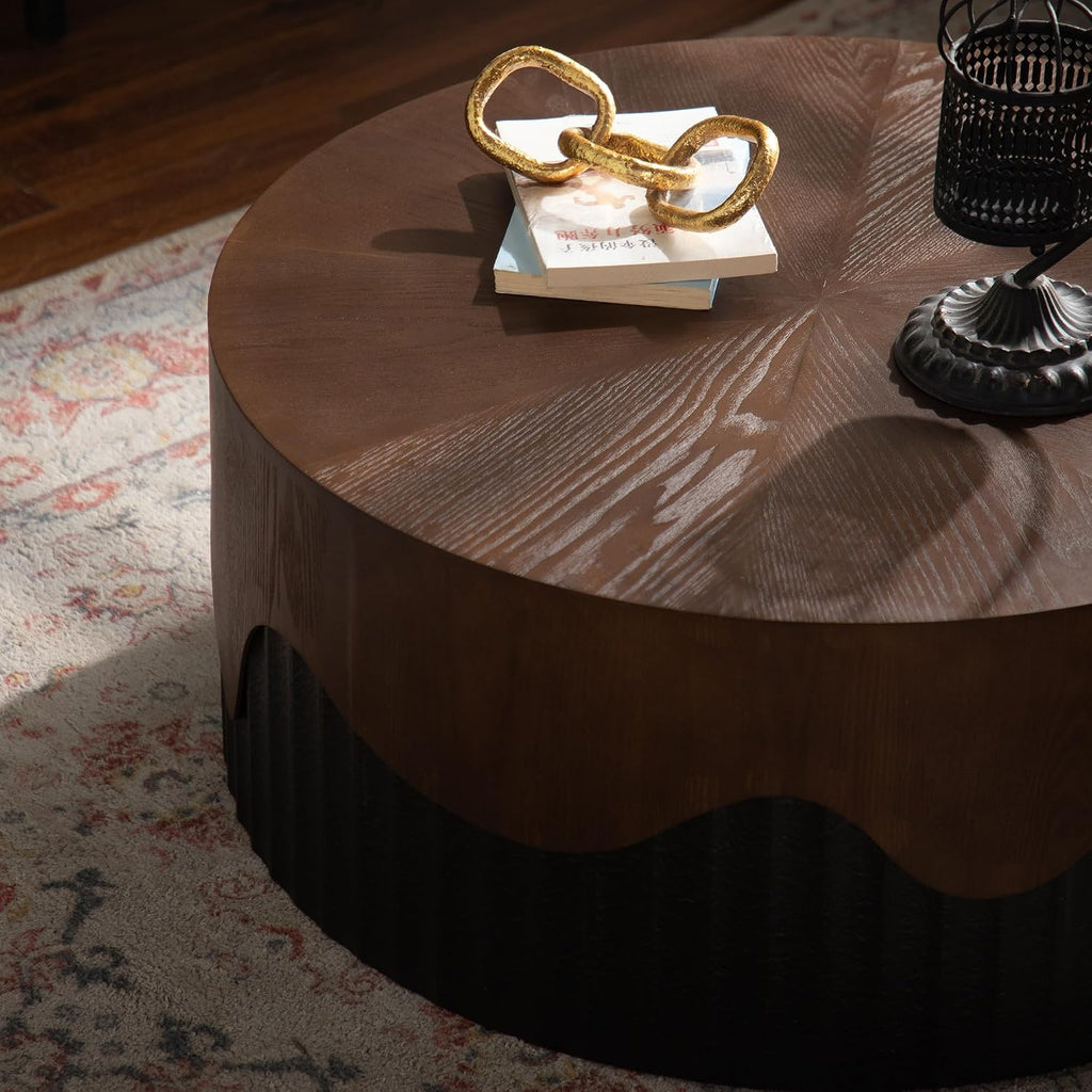 GDFStudio 30.3' Round Coffee Table with Walnut Table Tops, Bark Texture Veneer Circle Coffee Tables with Handcrafted Relief Base, Modern Living Room Side Tea Tables, No Assembly, Black+Walnut
