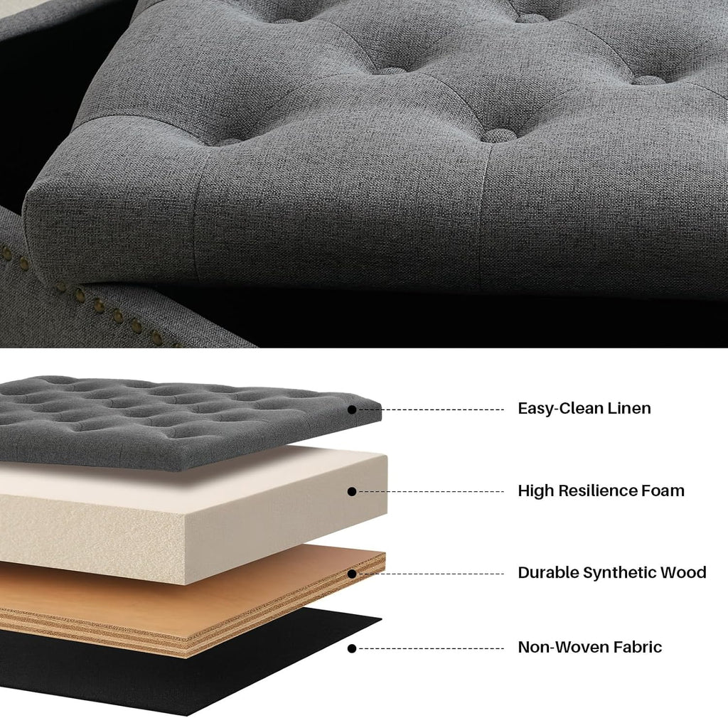 Square Storage Ottoman Coffee Table Tufted Upholstered Large Ottoman with Storage and Rolling Wheels Oversized Footrest Ottomans for Living Room, Dark Grey Linen