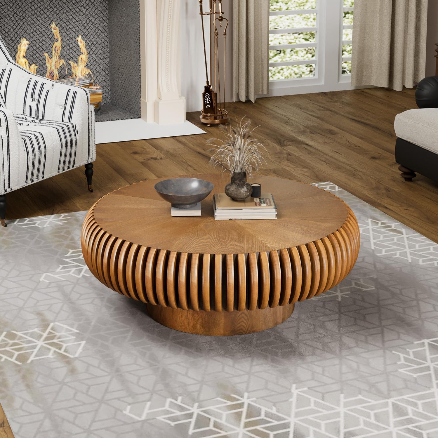 31.5' Drum Coffee Table Modern Unique Fluted Tea Table Contemporary Wood Round Coffee Table with Fluted Centry Table for Living Room Walnut (31.5' Brown)