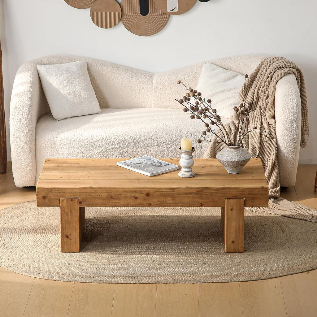 47.6' Coffee Table for Living Room, Mid-Century Modern Solid Wood Coffee Table with Sturdy Base, Farmhouse Rectangle Accent Center Tea Tables for Living Room Apartment, Easy Assembly