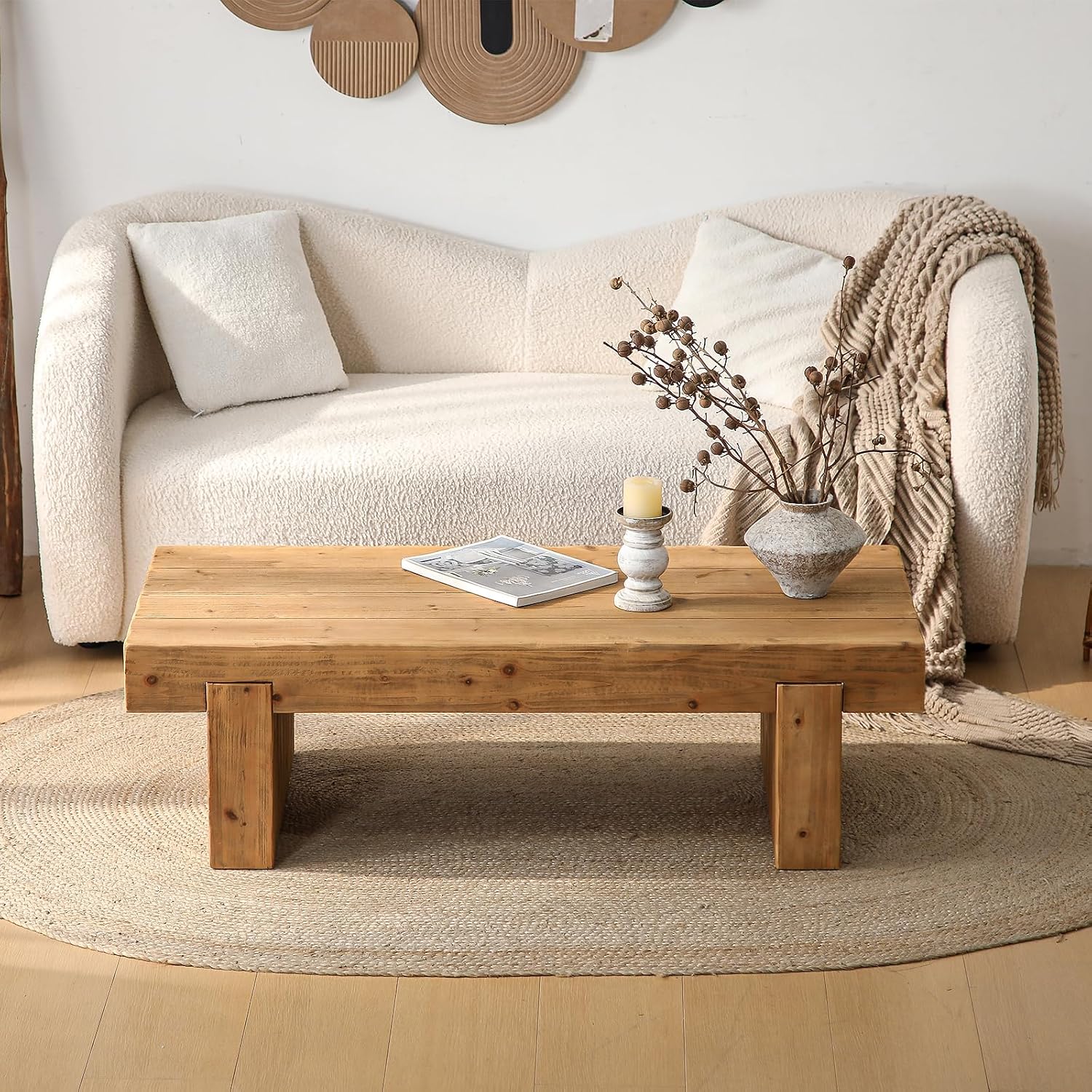 47.6' Coffee Table for Living Room, Mid-Century Modern Solid Wood Coffee Table with Sturdy Base, Farmhouse Rectangle Accent Center Tea Tables for Living Room Apartment, Easy Assembly
