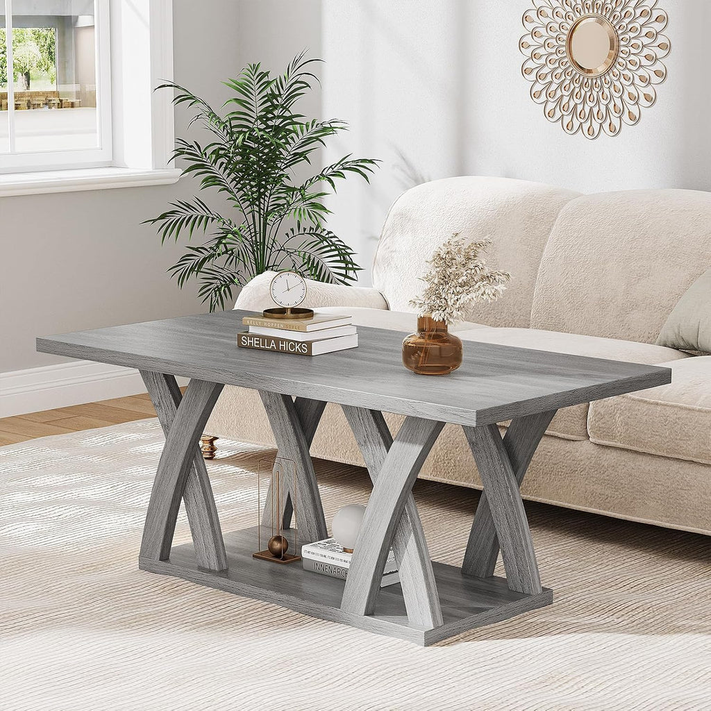 47' Farmhouse Coffee Tables for Living Room Rustic Stands with Storage Shelf Grey Coffee Tables for Living Room Farmhouse Center Stands with Shelf Wood Rectangle Center Table