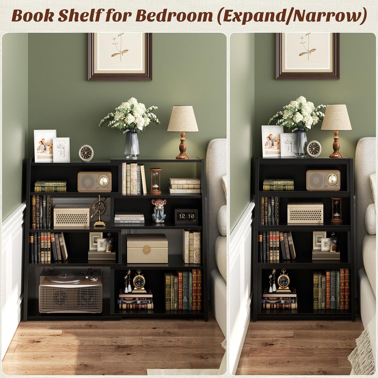 Armocity Expandable Bookshelf, Short Corner Bookshelf for Small Spaces, Small Ladder Book Shelf, Extendable Wood Narrow Bookcase for Living Room, Bedroom, 5 Tier, Black