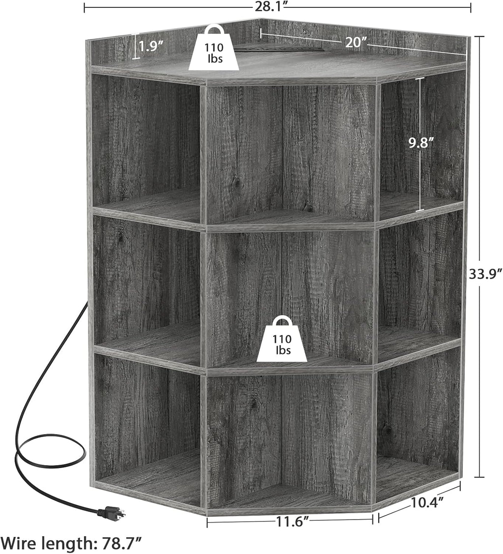 Aheaplus Corner Cabinet, Corner Storage with USB Ports and Outlets, Corner Cube Toy Storage for Small Space, Wooden Cubby Bookshelf with 9 Cubes for Playroom, Bedroom, Living Room, Grey Oak