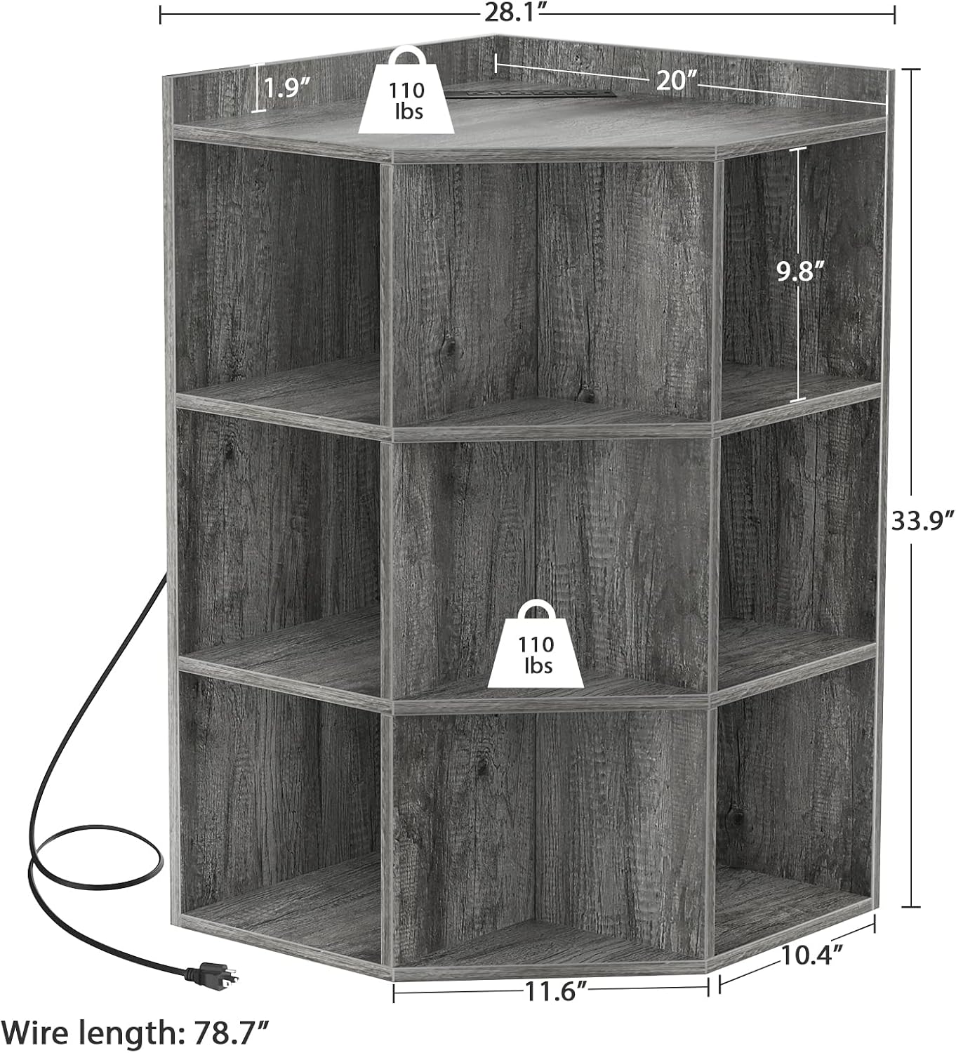 Aheaplus Corner Cabinet, Corner Storage with USB Ports and Outlets, Corner Cube Toy Storage for Small Space, Wooden Cubby Bookshelf with 9 Cubes for Playroom, Bedroom, Living Room, Grey Oak