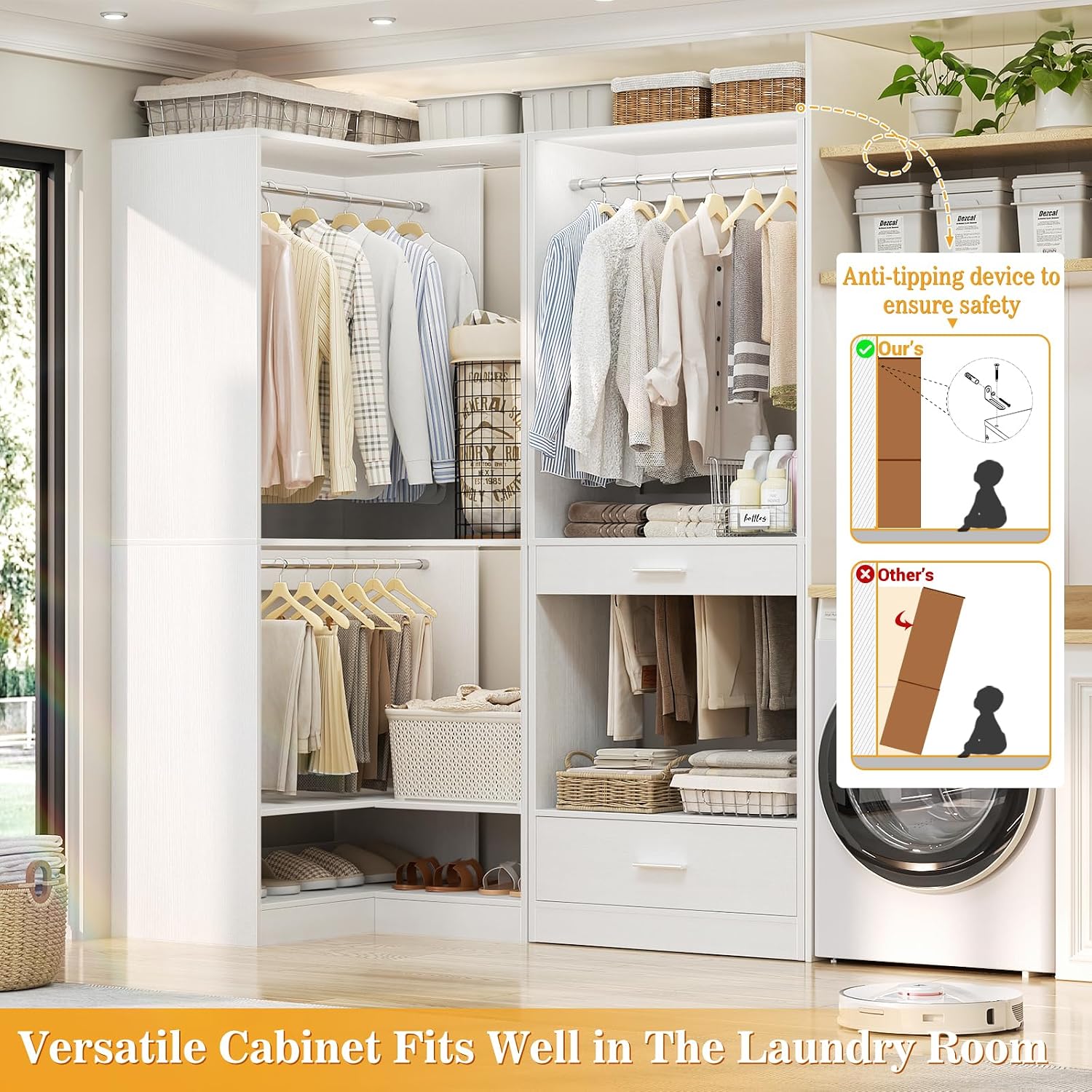 Homieasy Corner Closet System Modular with Upper & Lower Hanging Areas and Shoe Shelf, Corner Wardrobe Organizer, Easy Assembly, Anti-Tip Design, Perfect for Bedroom or Walk-In Closet, White