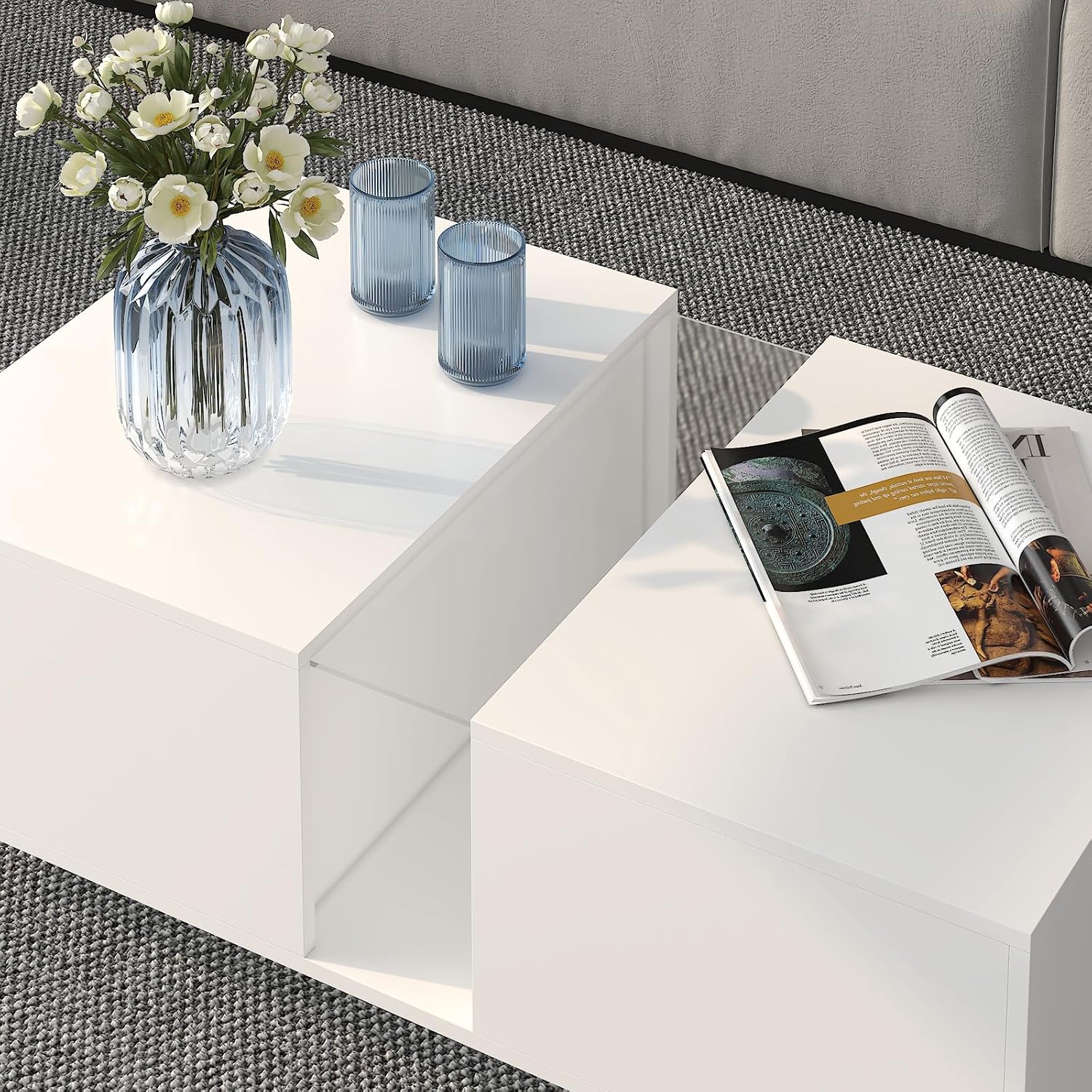 HedoAjim White Led Coffee Table for Living Room, Rectangular Living Room Table with Storage, Acrylic Coffee Tables with 2 Sliding Drawers, Wood Center Table for Reception Dinning Room