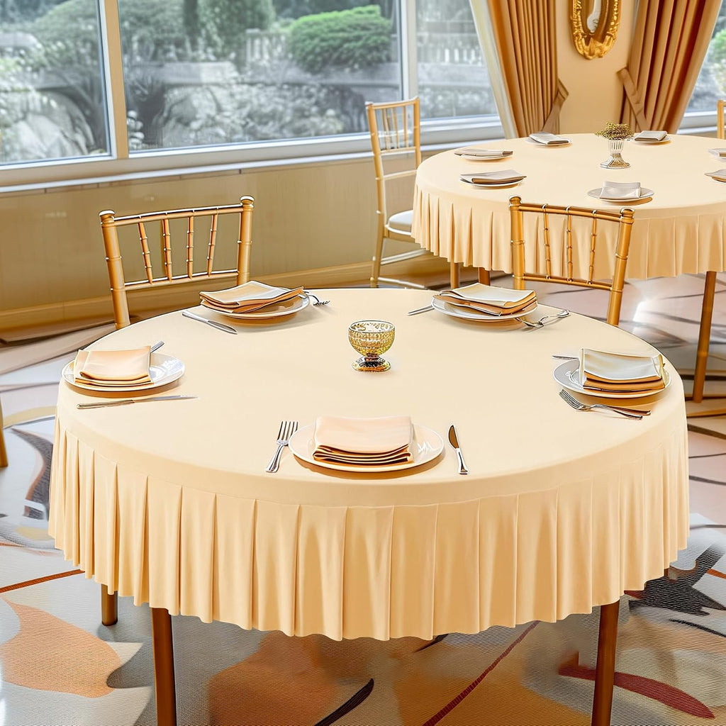 6 Pack Champagne Spandex Round Tablecloths for 60 inch Tables, Stretchy Fitted 5FT Round Table Cloth with Skirt for Wedding Party Dining Banquet