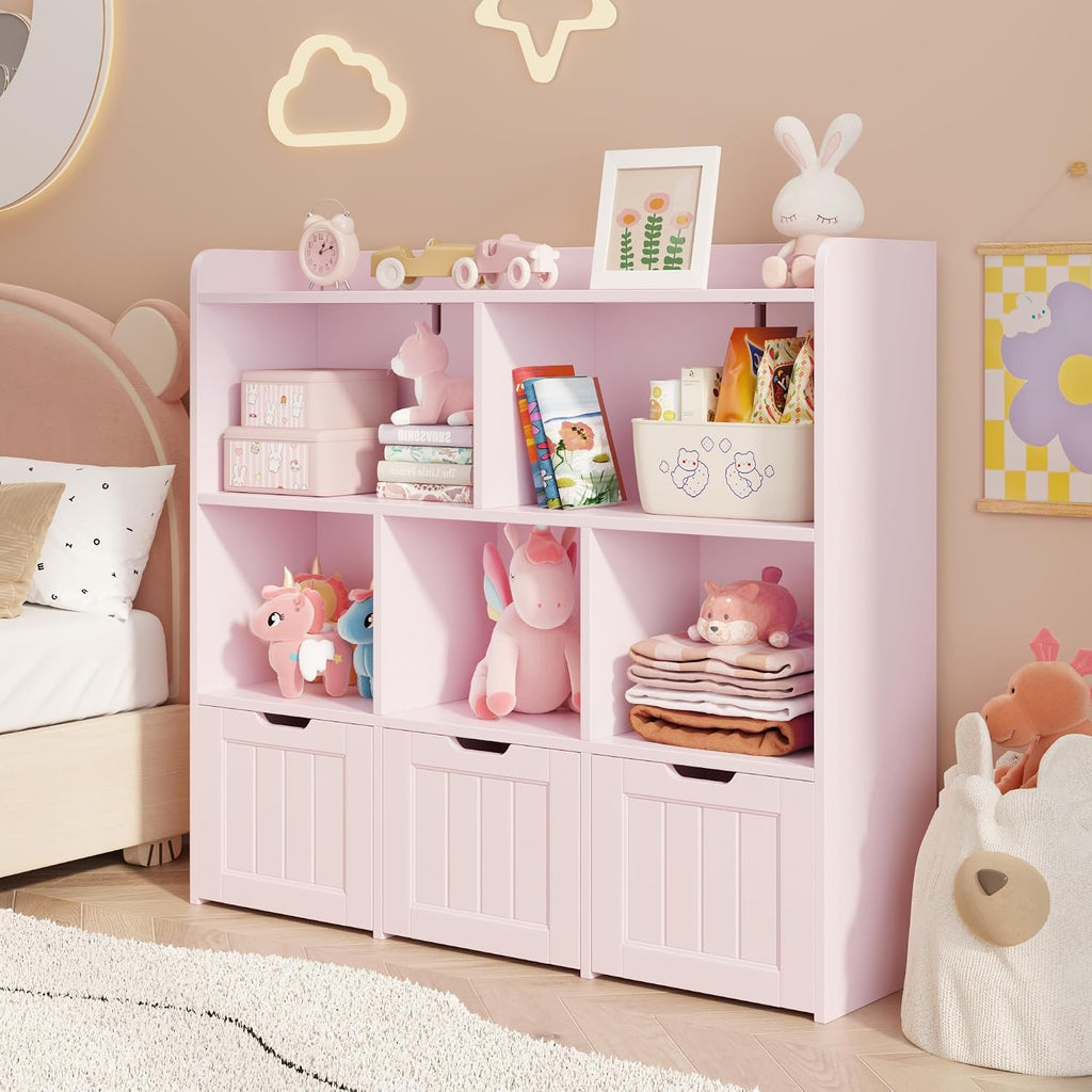 Gizoon Toy Storage Organizer with 3 Movable Drawers and 6 Open Shelves Kids Bookshelf Featuring Fall Prevention Barrier for Playroom Nursery Kids Room Organization, Pink, Painted
